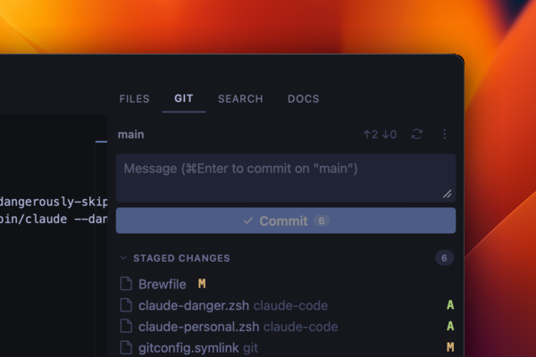 Git panel open in the right column, showing staged changes and commit interface