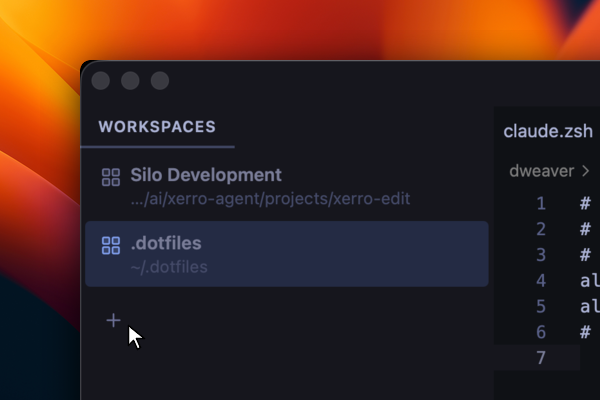 Navigator showing the + button to open a new workspace