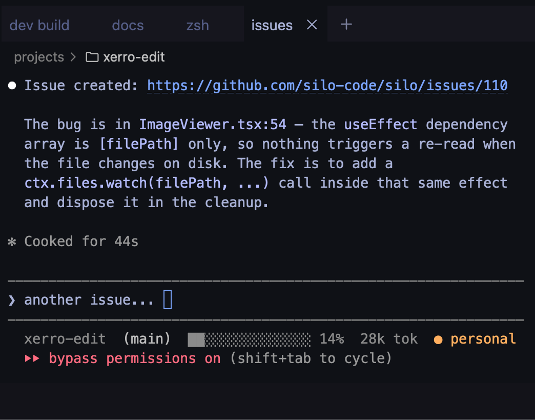 Four terminal tabs — dev build, docs, zsh, and issues — each dedicated to a specific task